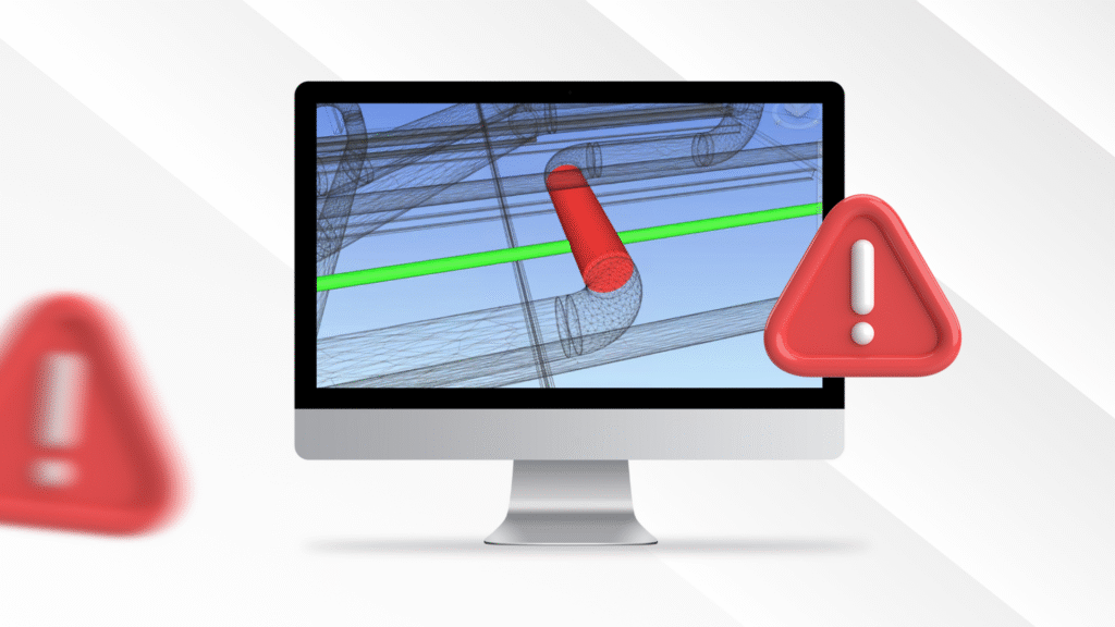 Tela com um brojeto em BIM mostrando uma interferencia detectada, clash detection. 