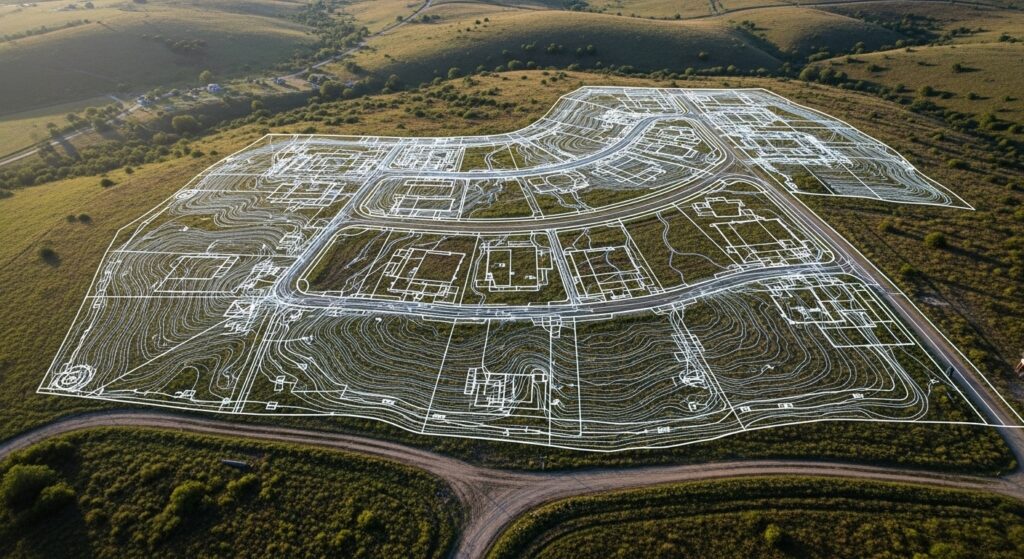 Imagem aérea real de um terreno com sobreposição semitransparente da planta técnica.
