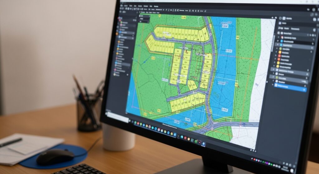 Imagem de uma tela de computador com um projeto técnico aberto em BIM, onde é possível ver escalas, medidas e cotas marcadas.